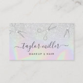 Moderne zilverglitter holografische haarstylist visitekaartje (Voorkant)