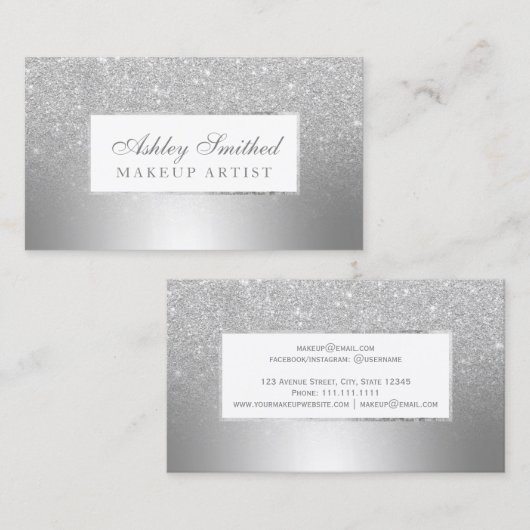 Moderne zilverglitterombre metallic make-up visitekaartje (Voorkant / Achterkant)