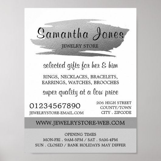 Moderne, zilverkleurige borstels, juwelenwinkel poster (Voorkant)