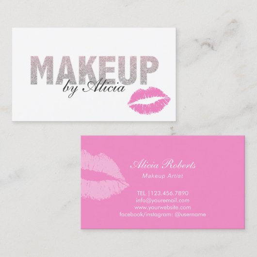 Moderne, zilverkleurige tekst roze lips maken arti visitekaartje (Voorkant / Achterkant)