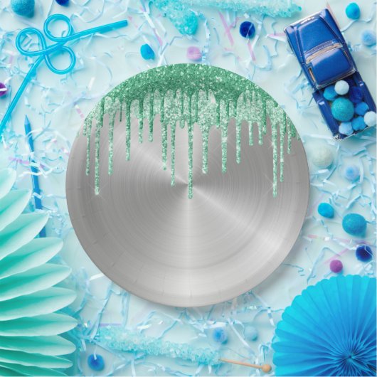 Moderne, zilvermetaal-groene strooiselschijven papieren bordje (Feest)