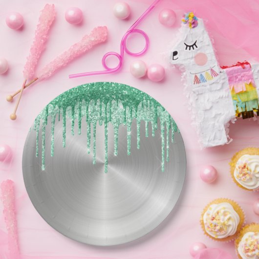 Moderne, zilvermetaal-groene strooiselschijven papieren bordje (Feest)