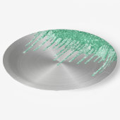 Moderne, zilvermetaal-groene strooiselschijven papieren bordje (Gekanteld)