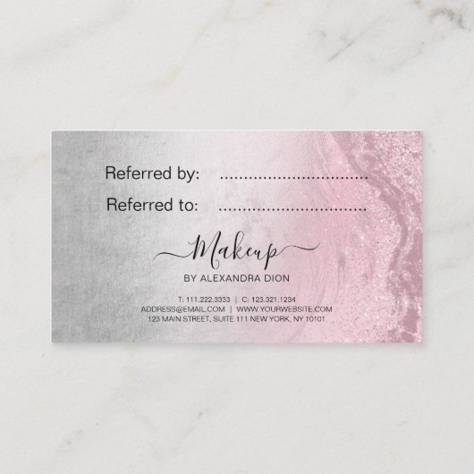 Moderne zilverroze roos goudglitter make-up kunste aanbevelingskaartje (Achterkant)