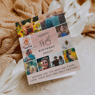 Moderne zoete 16 roze verjaardag 11 fotocollage kaart