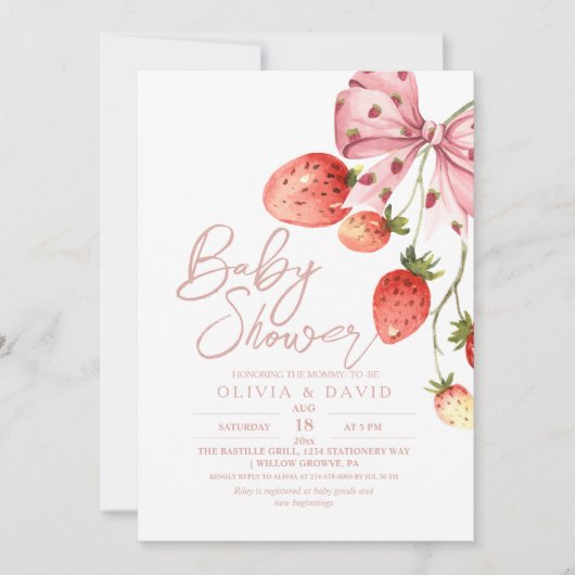 Moderne Zoete Bes Baby Shower Aardbei Uitnodiging (Voorkant)