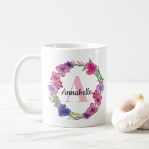 Moderne Zomer Roze Paarse Blauwe Bloemen Monogram Koffiemok
