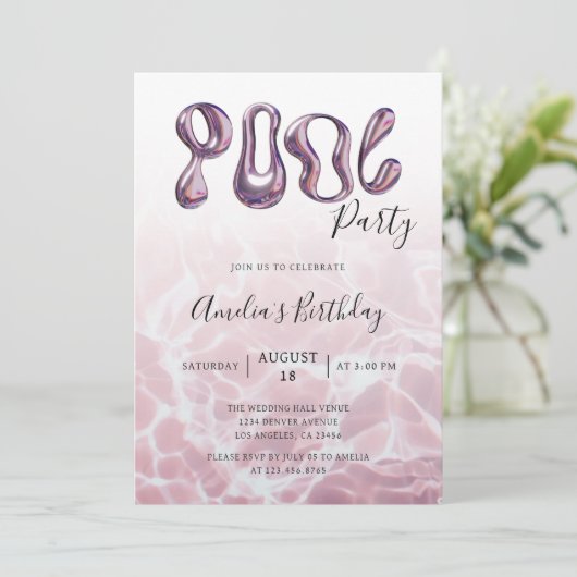 Moderne Zomer Roze Pool Party Verjaardag Kaart (Staand voorkant)