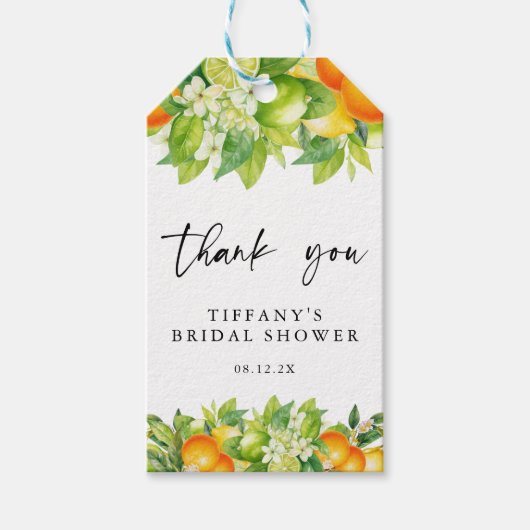 Moderne zomer sinaasappels citroen citrus bruidsdo cadeaulabel (Voorkant)