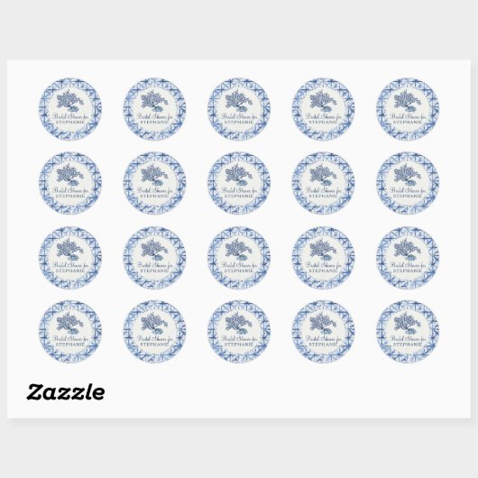 Moderne zomer stoffige blauwe en witte bruidsdouch ronde sticker (Vel)