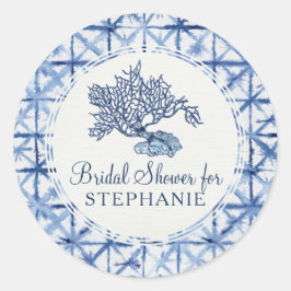 Moderne zomer stoffige blauwe en witte bruidsdouch ronde sticker