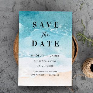 Moderne zomer strand bruiloft aan de oceaan save the date