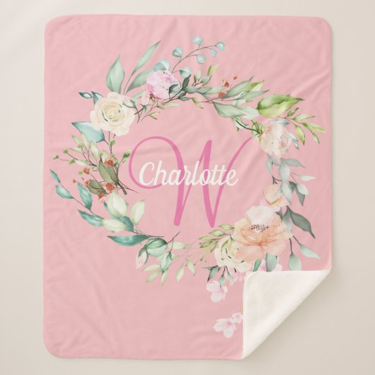 Moderne zomerrozen roze initiële script monogram sherpa deken (Voorkant)