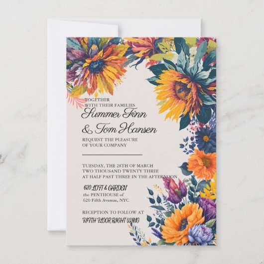 Moderne zomerse bloemige trouw uitnodigingskaart aankondiging (Voorkant)