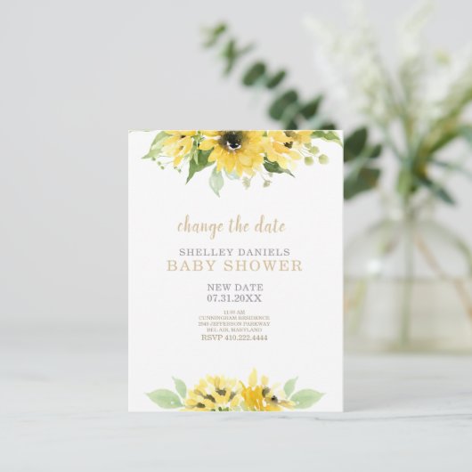 Moderne zonnebloem Baby shower Verander de datum Aankondigingskaart (Staand voorkant)