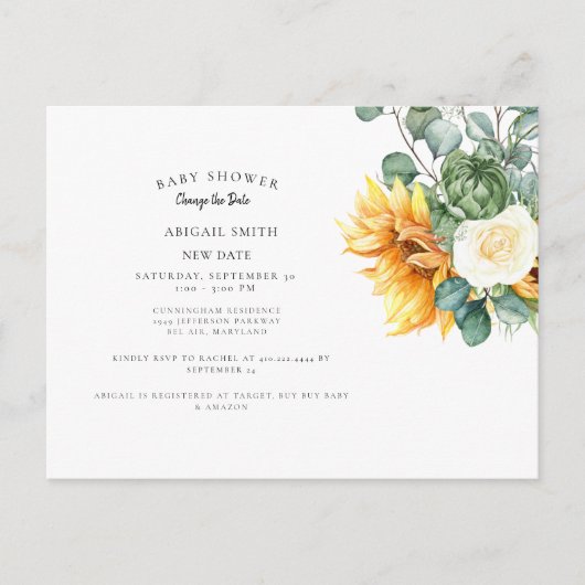 Moderne zonnebloem Baby shower Verander de datum v Aankondigingskaart (Voorkant)