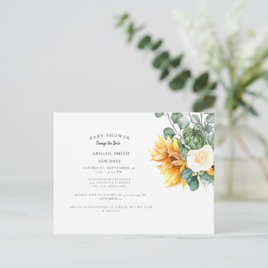 Moderne zonnebloem Baby shower Verander de datum v Aankondigingskaart (Staand voorkant)