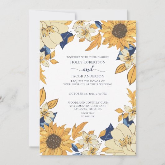 Moderne Zonnebloem Blauwe Gele Floral Weddenschap Kaart (Voorkant)