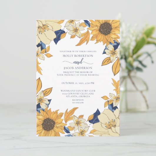 Moderne Zonnebloem Blauwe Gele Floral Weddenschap Kaart (Staand voorkant)