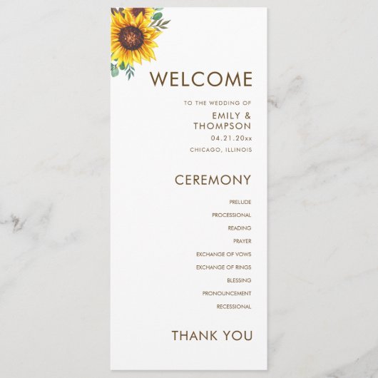 Moderne Zonnebloem Bloem Botanische Bruiloft Programmakaart (Voorkant)
