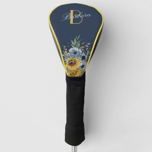 Moderne Zonnebloem Bloemen Aangepaste Monogram Naa Golfheadcover (Voorkant)