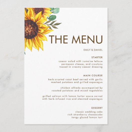 Moderne Zonnebloem Bloemen Botanische Bruiloft Menu (Voorkant)