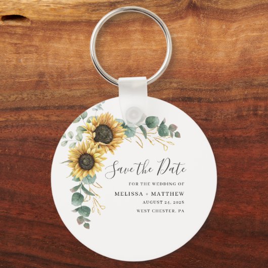 Moderne Zonnebloem Bruiloft Save the Date Keepsake Sleutelhanger (Achterkant)