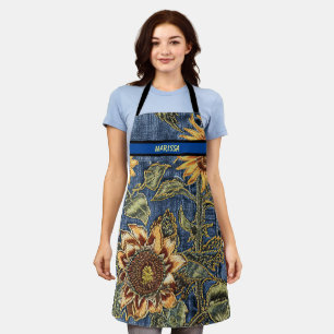 Moderne Zonnebloem Denim Patroon Aangepaste Naam Schort