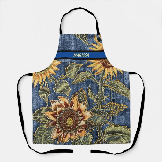 Moderne Zonnebloem Denim Patroon Aangepaste Naam Schort (Voorkant)