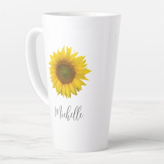Moderne zonnebloem Elegant Script Typografie Latte Mok (Linkerhoek)