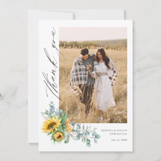 Moderne Zonnebloem Eucalyptus trouwfoto Bedankkaart (Voorkant)