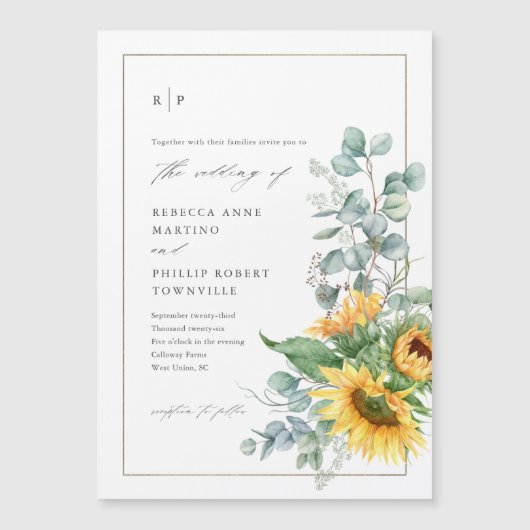 Moderne zonnebloem Eucalyptus Weddenschap Magnetische Uitnodiging (Voorkant)