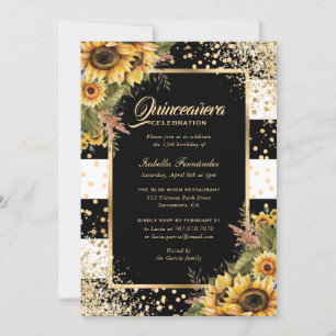 Moderne Zonnebloem Goud Zwart Wit Quinceañera Kaart