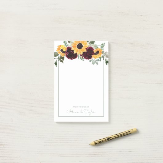 Moderne Zonnebloem Roos Floral Waterverf Post-it® Notes (Op bureau)