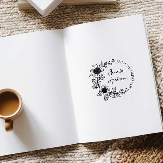 Moderne Zonnebloem Schrift Aangepaste Naam Bibliot Rubberstempel