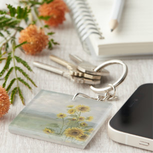 Moderne zonnebloem Watercolor & gepersonaliseerd b Sleutelhanger