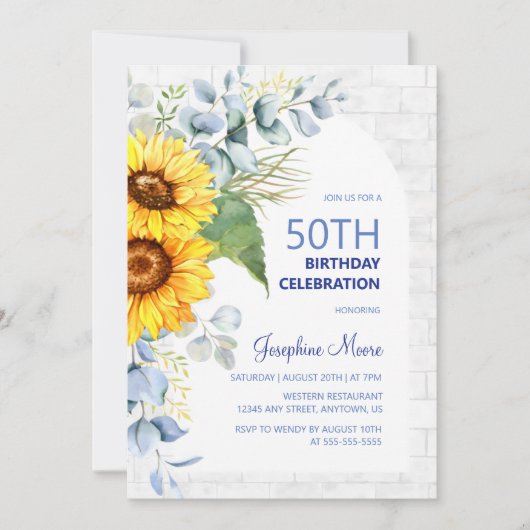 Moderne Zonnebloem Witte Muur Brick Bloemen Verjaa Kaart (Voorkant)