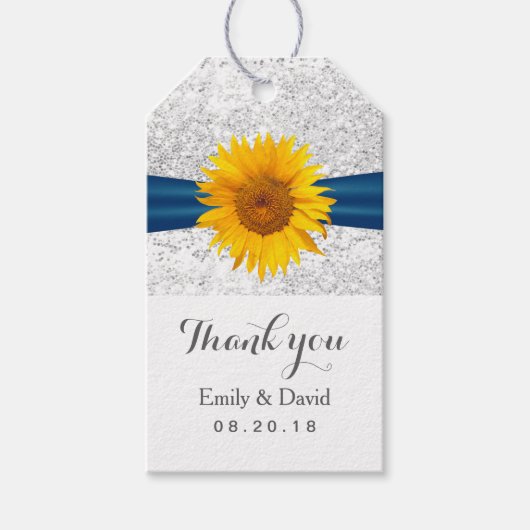 Moderne Zonnebloem Zilver Glitter Bruiloft Favor Cadeaulabel (Voorkant)
