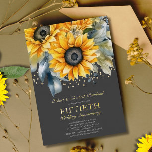 Moderne Zonnebloemen Goud 50ste Huwelijksjubileum Folie Uitnodiging