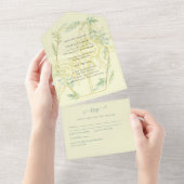 Moderne zonnebloemen Greenery Sage Gold Wedding All In One Uitnodiging (Afscheurbaar)