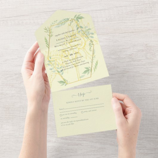 Moderne zonnebloemen Greenery Sage Gold Wedding All In One Uitnodiging (Afscheurbaar)