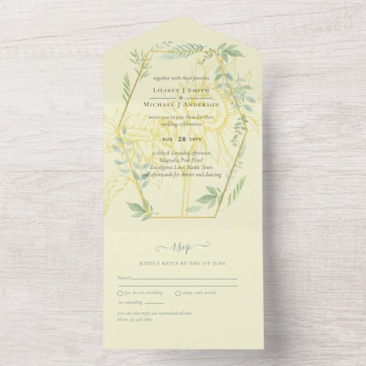 Moderne zonnebloemen Greenery Sage Gold Wedding All In One Uitnodiging (Binnen)