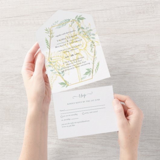 Moderne zonnebloemen Greenery Sage Gold Wedding All In One Uitnodiging (Afscheurbaar)