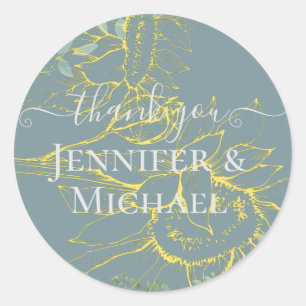 Moderne zonnebloemen groen blad salie goud bruilof ronde sticker