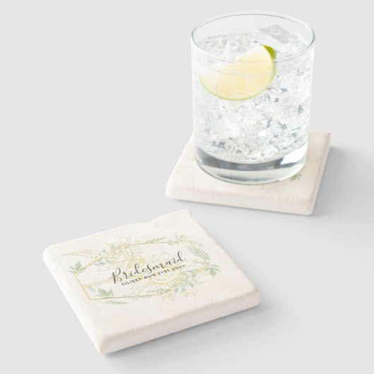 Moderne Zonnebloemen Groen Sage Goud Bruiloft Stenen Onderzetter (Zijkant)