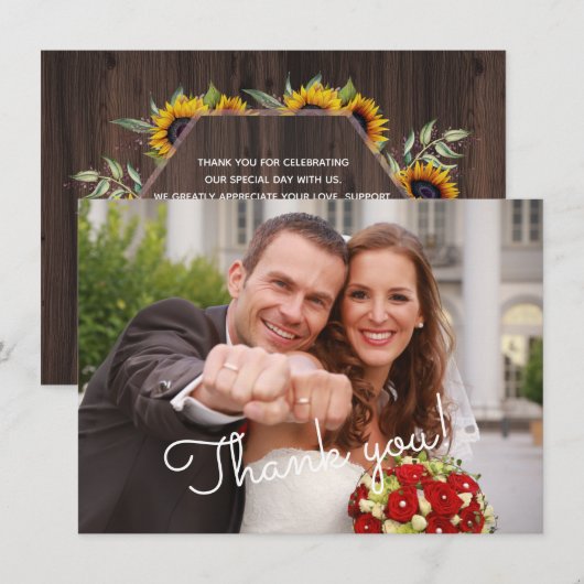 Moderne Zonnebloemen Houten Trouwfoto Bedankt (Voorkant / Achterkant)