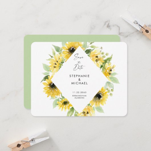 Moderne zonnebloemen Spray Wedding Save the Date (Voorkant / Achterkant in situ)