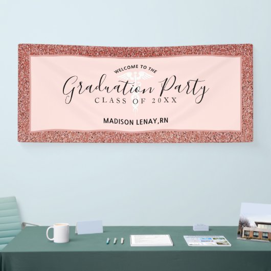 Moderne Zuster Afstuderen Roos Gold Glitter Name Spandoek (Beurs)