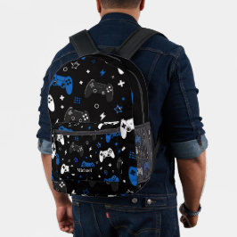Moderne Zwart, Blauw en Wit Videospel Gamer Bedrukte Rugzak