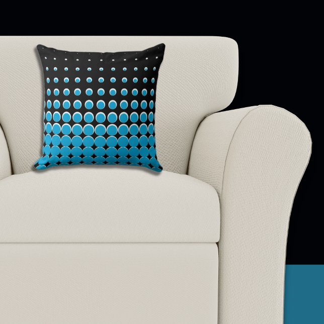 Moderne Zwart & Blauw Oplopende Stippen Kussen (Pillow, Black and Blue Halftone Pattern)